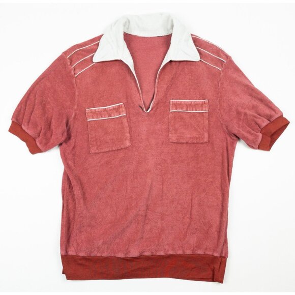 Vintage 50s Terry Cloth Polo Shirt Men's Fits Small Red White Piped Resortwear - Picture 1 of 15
